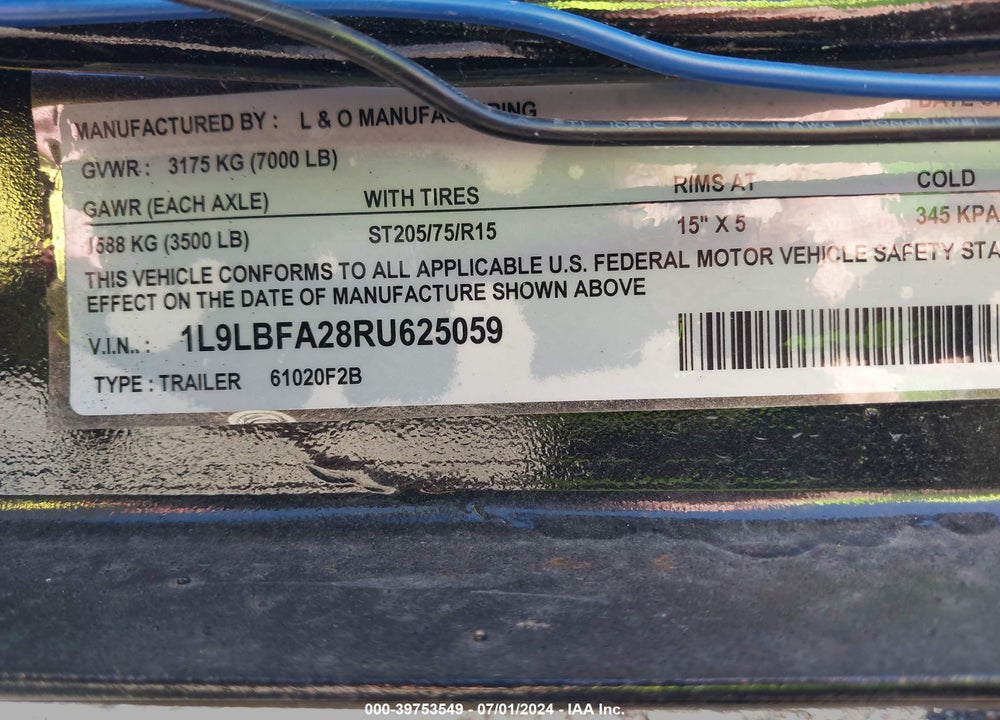2024 L & O UTILITY TRAILER VIN: 1L9LBFA28RU625059