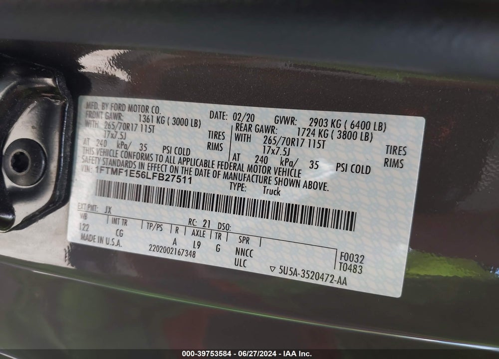 2020 FORD F-150 XL VIN: 1FTMF1E56LFB27511