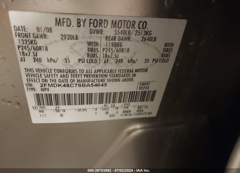 2008 FORD EDGE SEL VIN: 2FMDK48C78BA54645