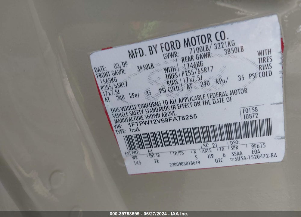 2009 FORD F-150 LARIAT/XL/XLT VIN: 1FTPW12V69FA78255