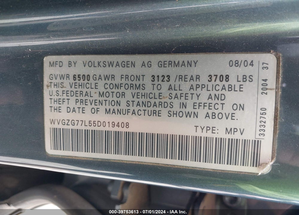 2005 VOLKSWAGEN TOUAREG V6 VIN: WVGZG77L55D019408