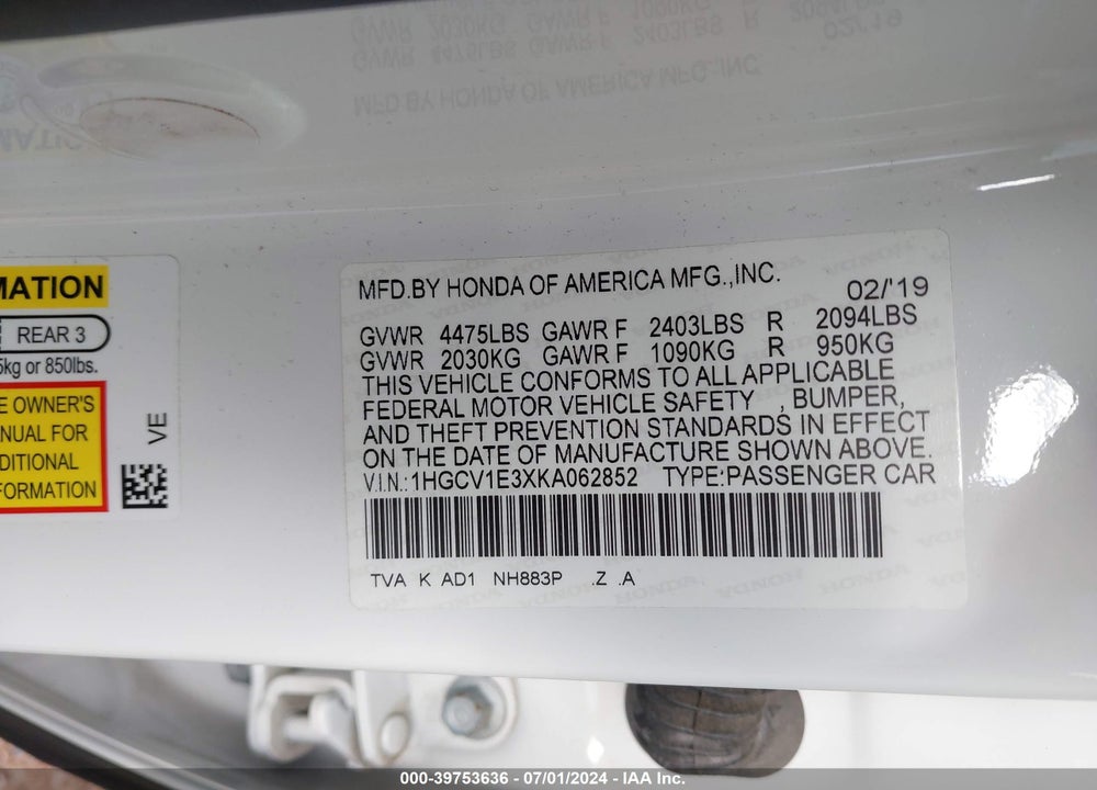 2019 HONDA ACCORD SPORT VIN: 1HGCV1E3XKA062852