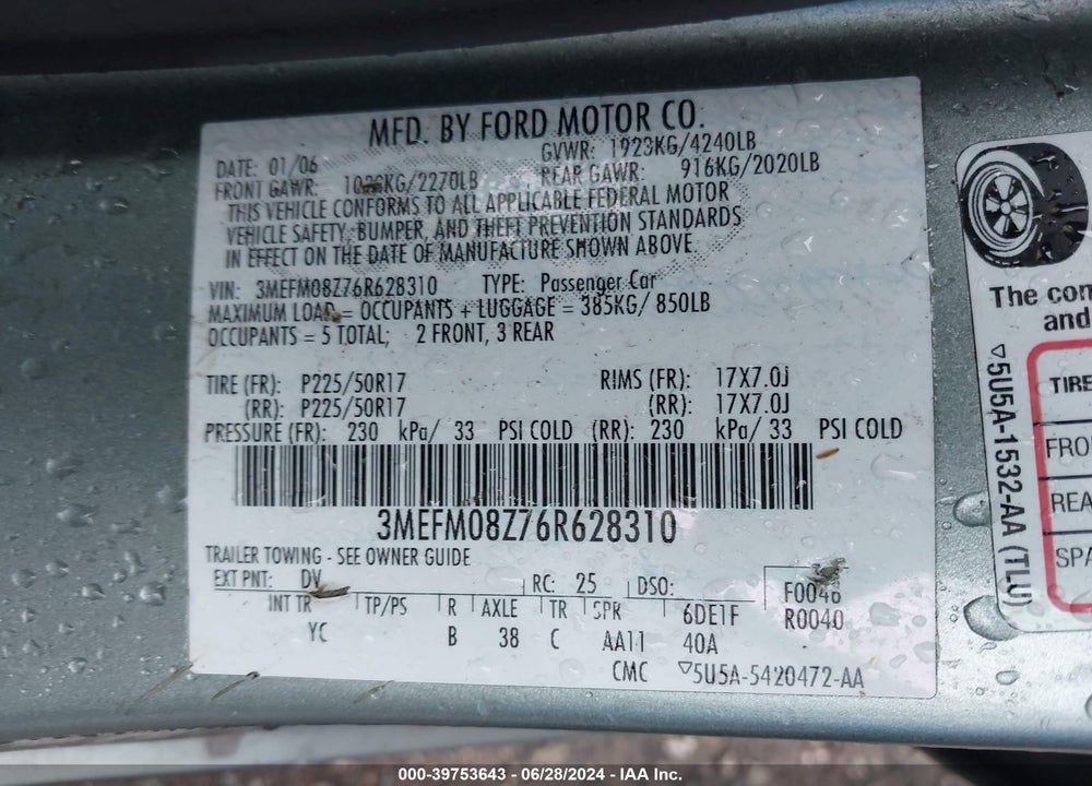 2006 MERCURY MILAN I4 PREMIER VIN: 3MEFM08Z76R628310