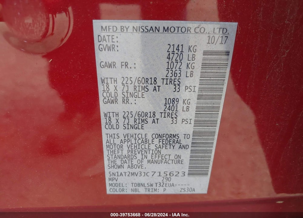 2018 NISSAN ROGUE SL VIN: 5N1AT2MV3JC715623