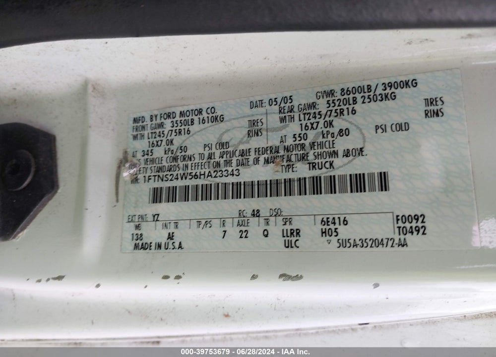 2006 FORD E-250 COMMERCIAL/RECREATIONAL VIN: 1FTNS24W56HA23343
