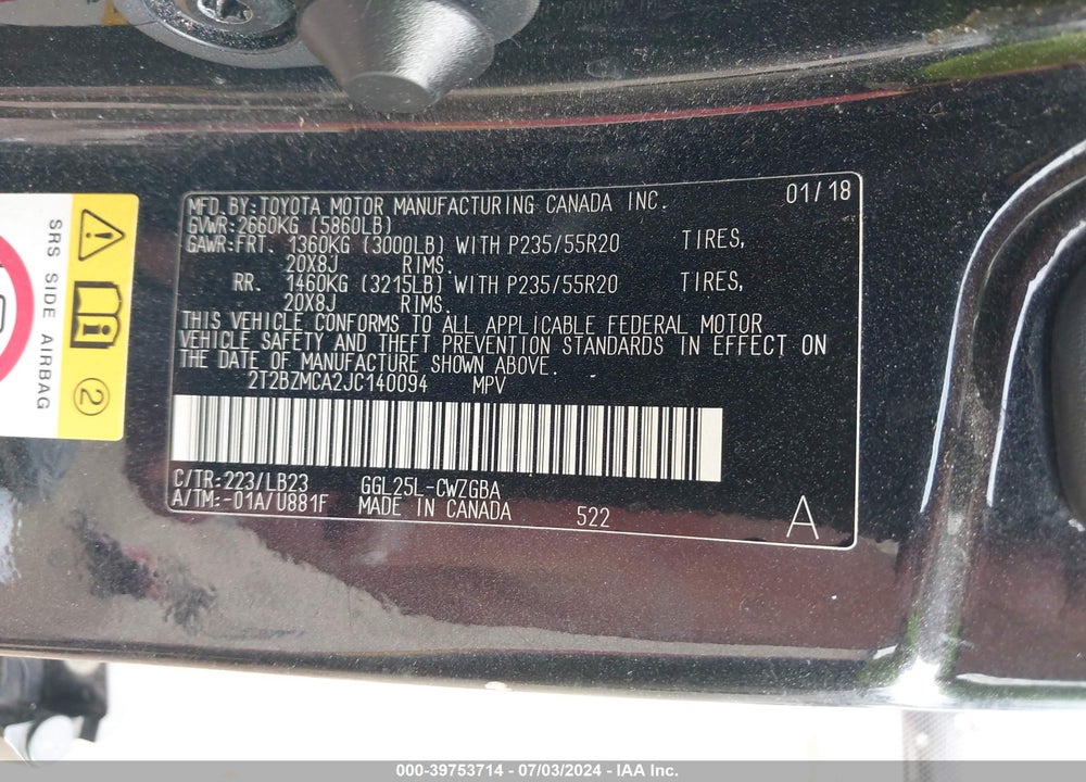 2018 LEXUS RX 350 VIN: 2T2BZMCA2JC140094