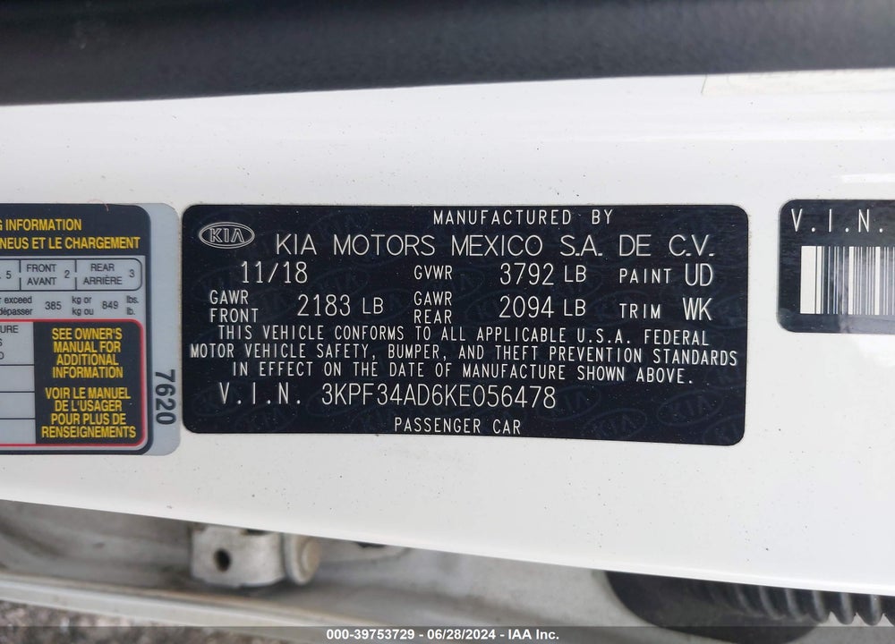 2019 KIA FORTE S VIN: 3KPF34AD6KE056478