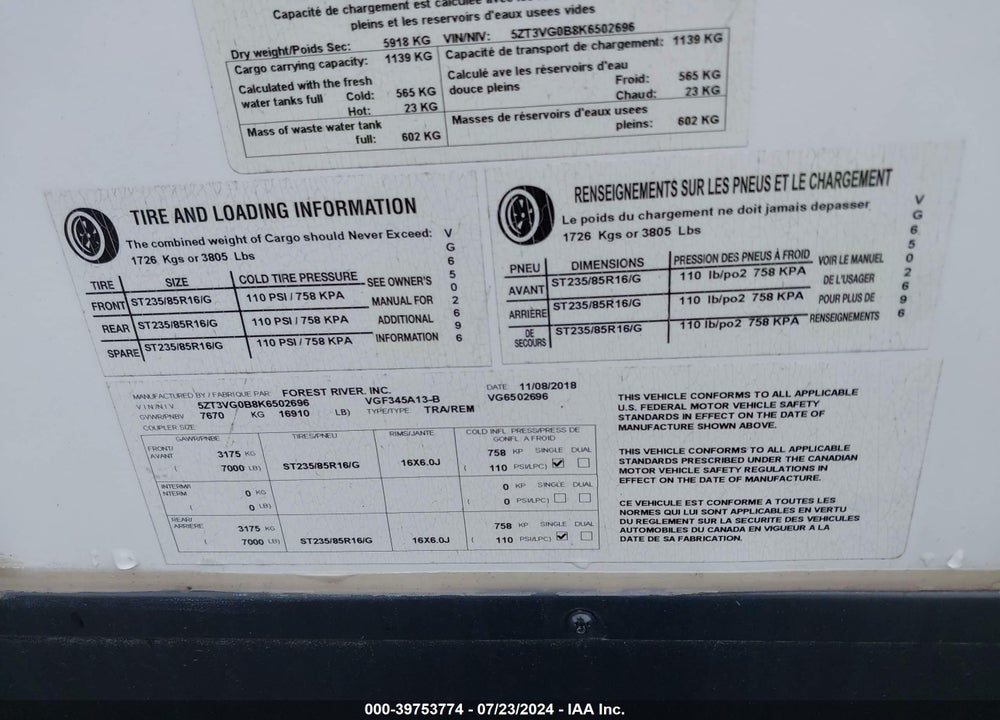 2019 FOREST RIVER OTHER VIN: 5ZT3VG0B8K6502696