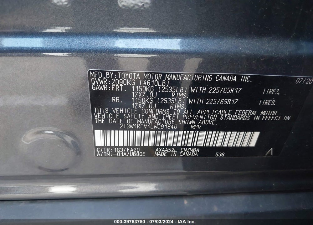 2020 TOYOTA RAV4 XLE VIN: 2T3W1RFV4LW091840