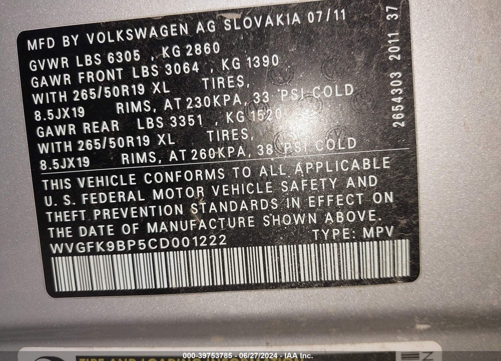 2012 VOLKSWAGEN TOUAREG TDI LUX VIN: WVGFK9BP5CD001222