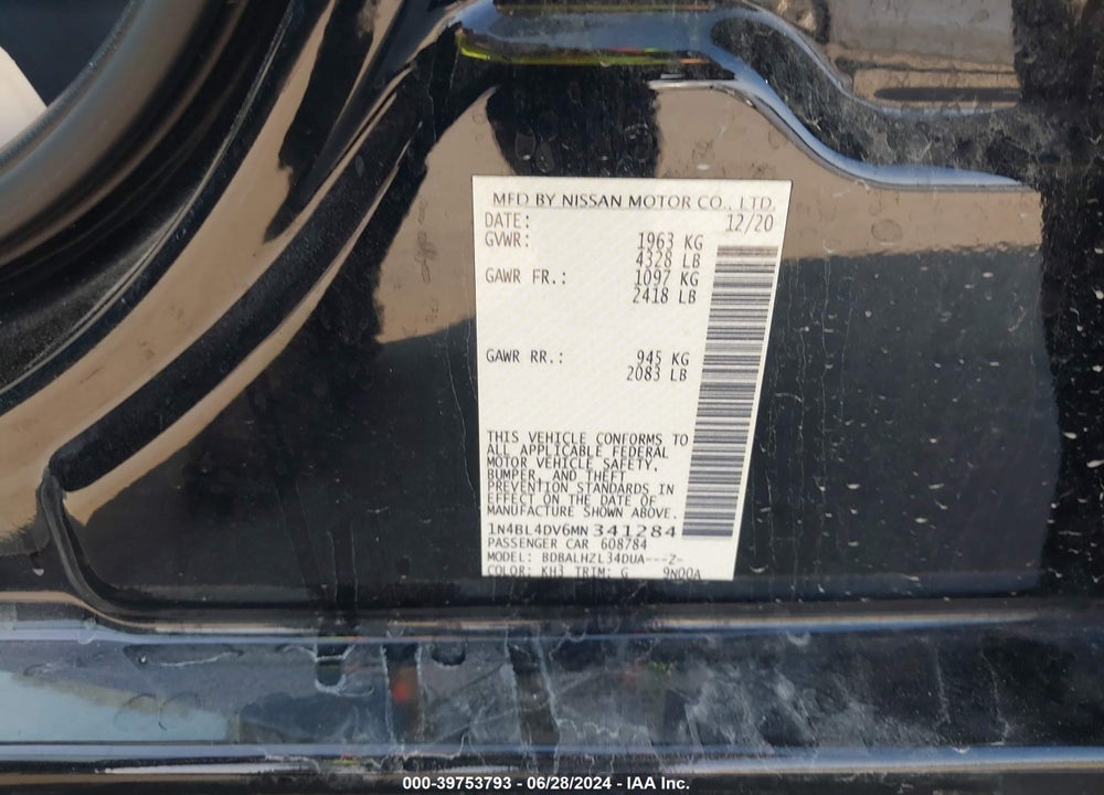 2021 NISSAN ALTIMA SV FWD VIN: 1N4BL4DV6MN341284