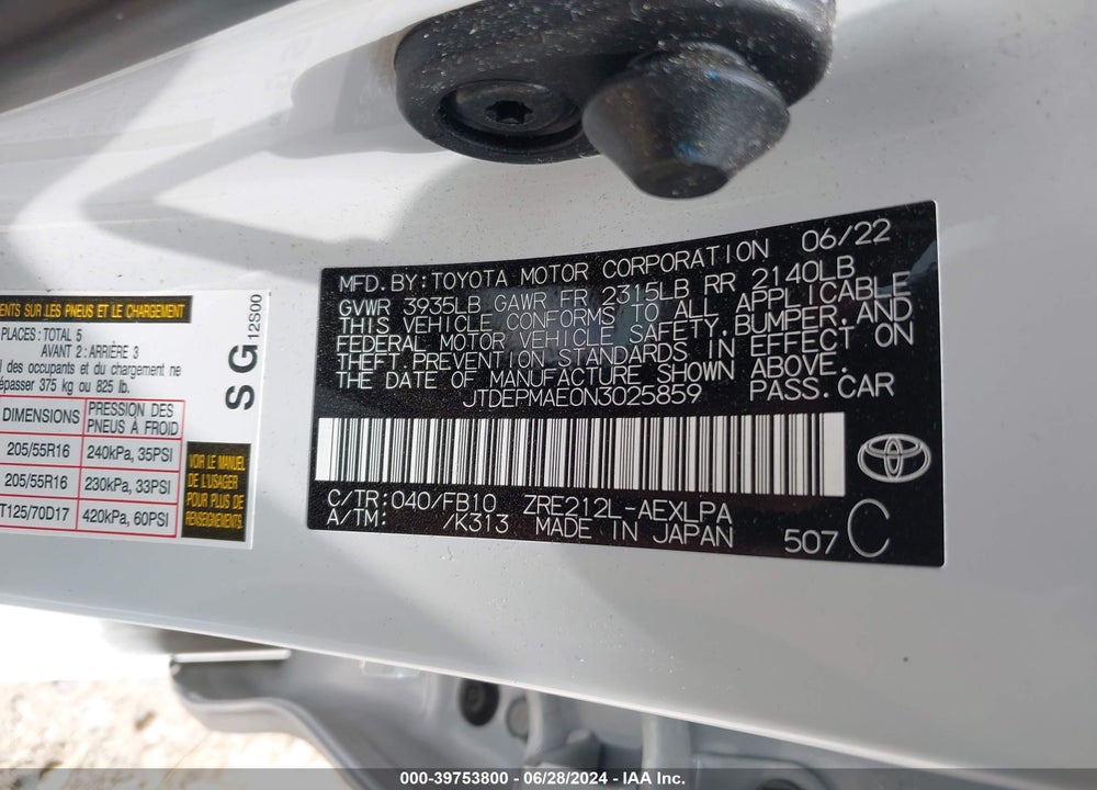 2022 TOYOTA COROLLA LE VIN: JTDEPMAE0N3025859