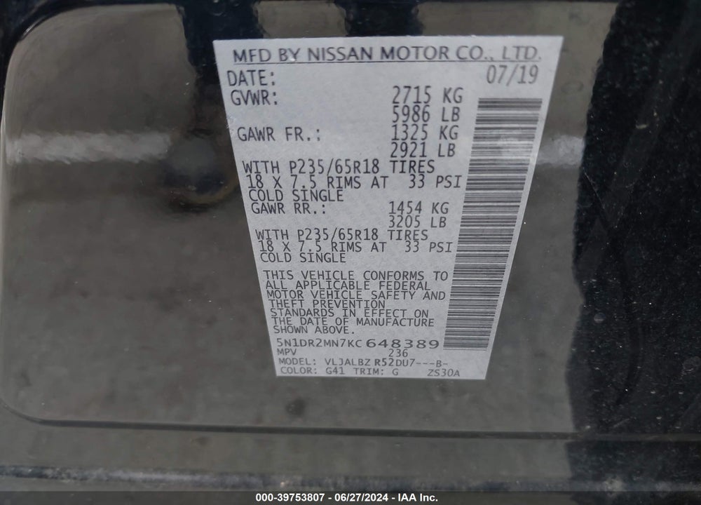 2019 NISSAN PATHFINDER S VIN: 5N1DR2MN7KC648389