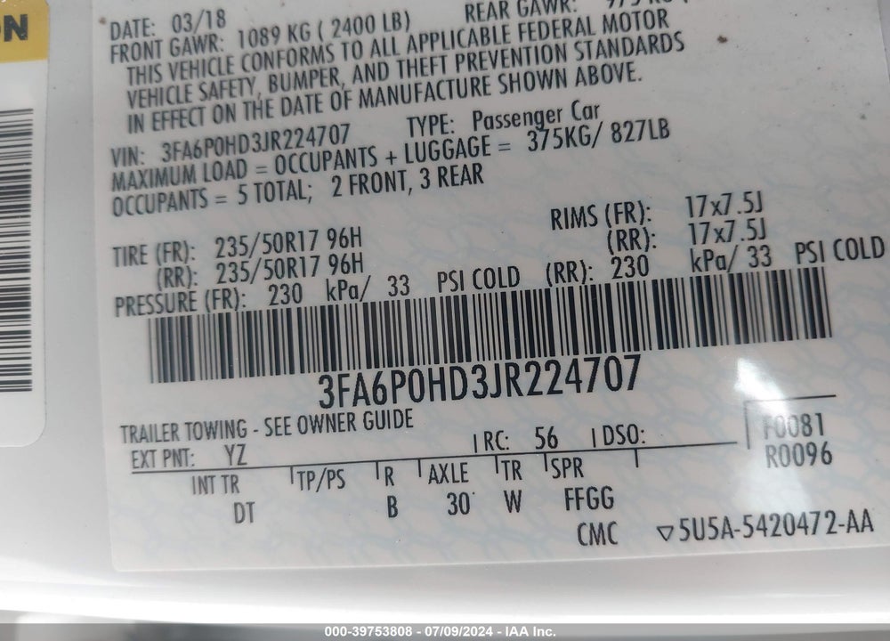 2018 FORD FUSION SE VIN: 3FA6P0HD3JR224707