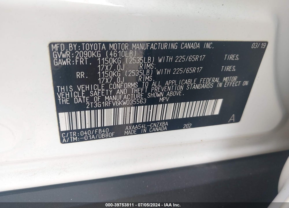 2019 TOYOTA RAV4 LE VIN: 2T3G1RFV6KW035563