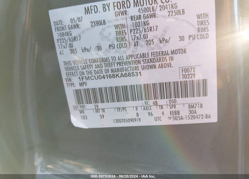 2008 FORD ESCAPE LIMITED VIN: 1FMCU04168KA68531