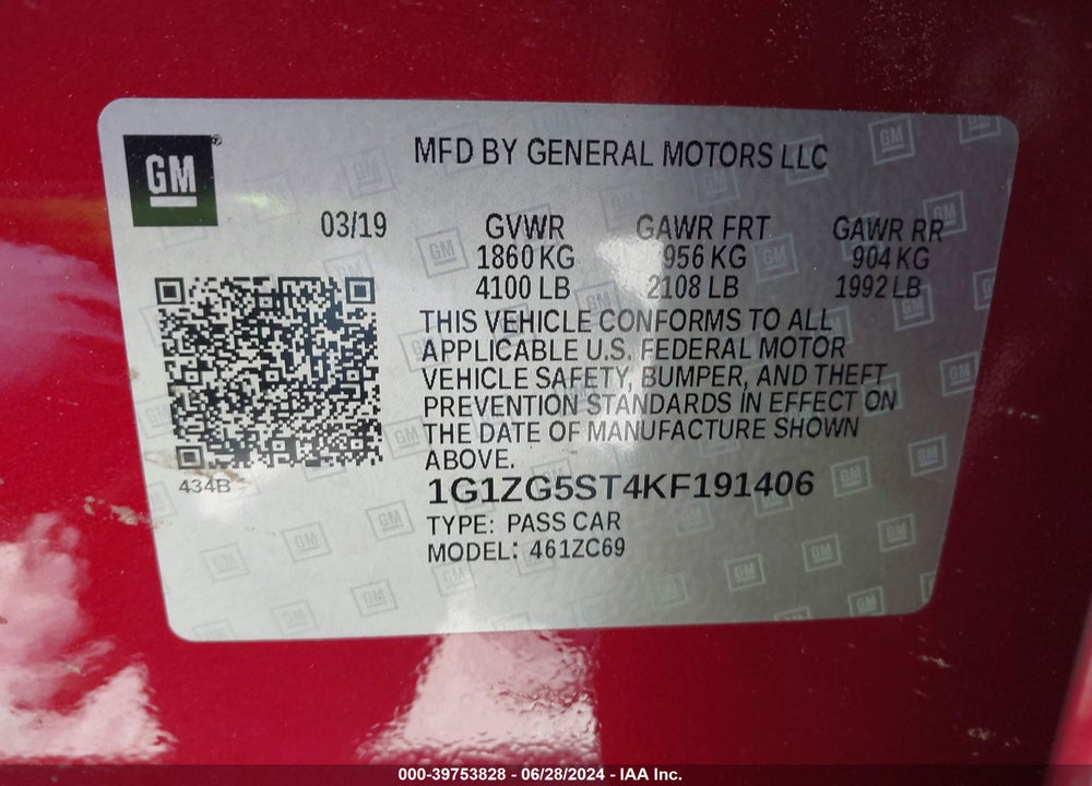2019 CHEVROLET MALIBU RS VIN: 1G1ZG5ST4KF191406