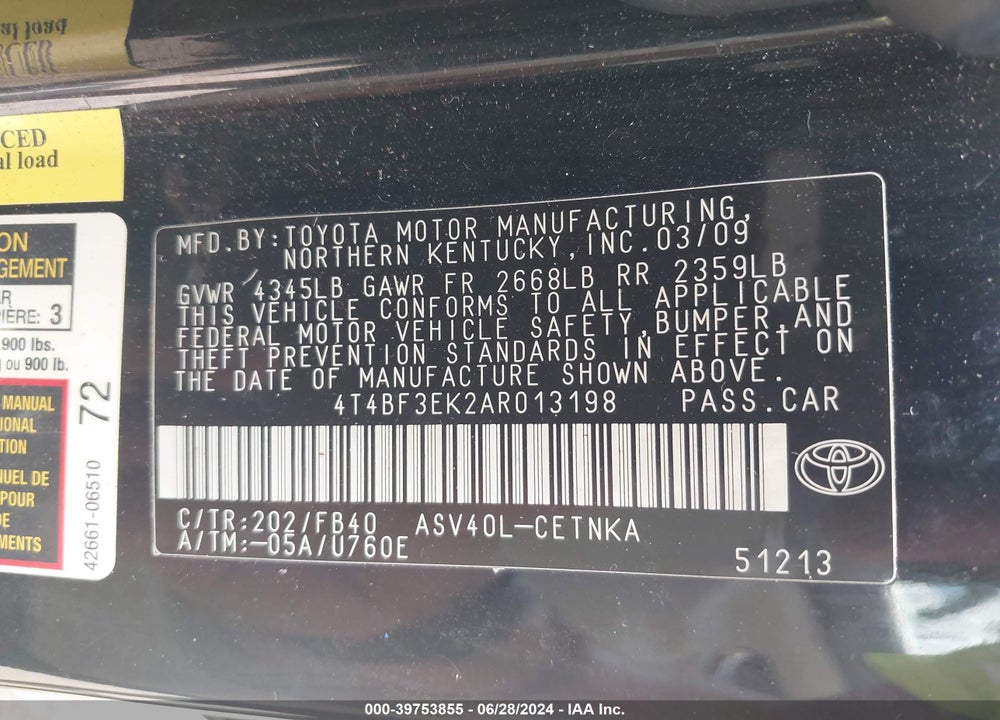 2010 TOYOTA CAMRY VIN: 4T4BF3EK2AR013198