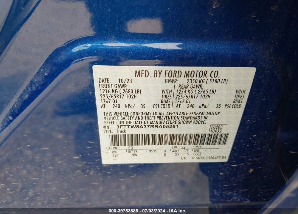 2024 FORD MAVERICK XL VIN: 3FTTW8A37RRA05261
