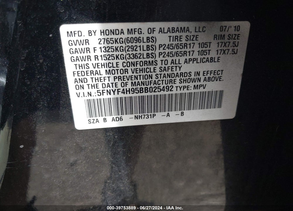 2011 HONDA PILOT VIN: 5FNYF4H95BB025492