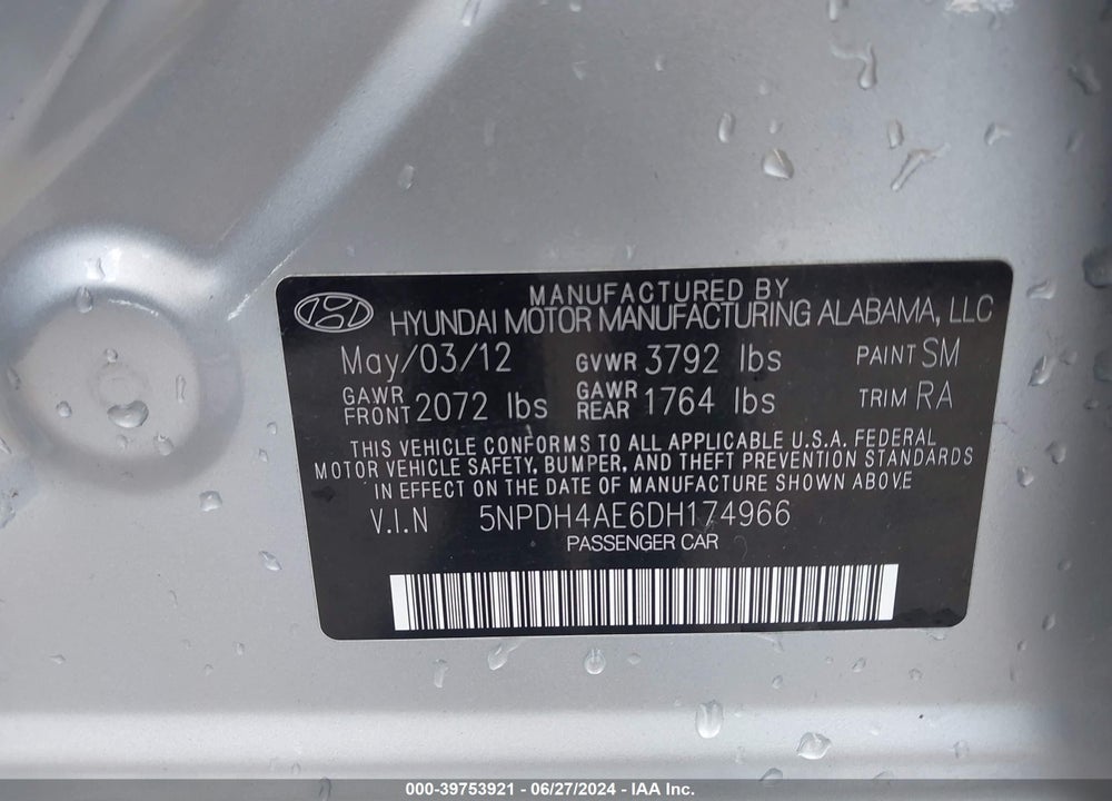 2013 HYUNDAI ELANTRA GLS VIN: 5NPDH4AE6DH174966
