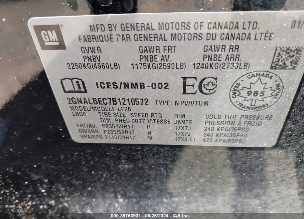 2011 CHEVROLET EQUINOX LS VIN: 2GNALBEC7B1210572