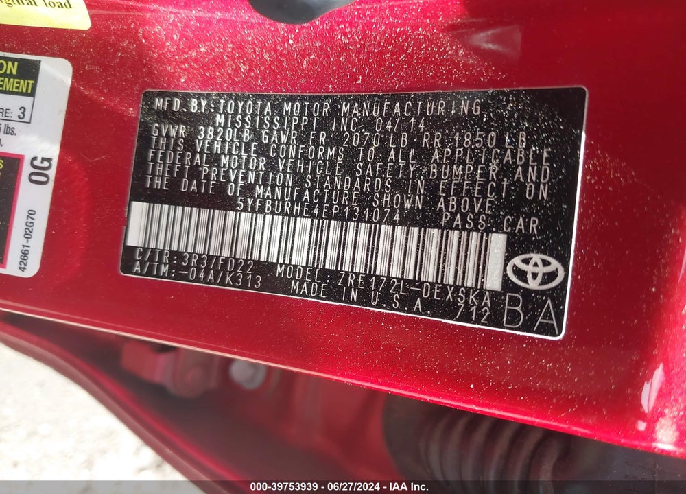 2014 TOYOTA COROLLA S VIN: 5YFBURHE4EP131074