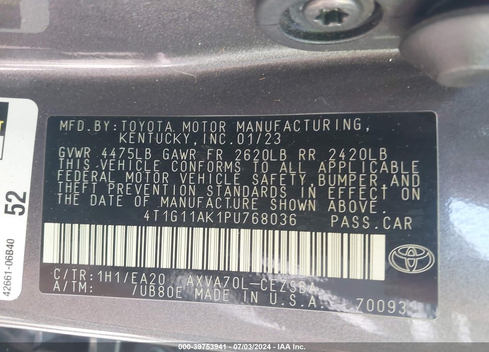 2023 TOYOTA CAMRY SE VIN: 4T1G11AK1PU768036