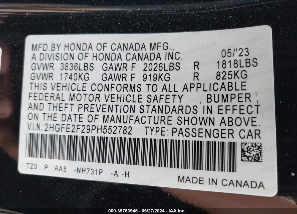 2023 HONDA CIVIC LX VIN: 2HGFE2F29PH552782