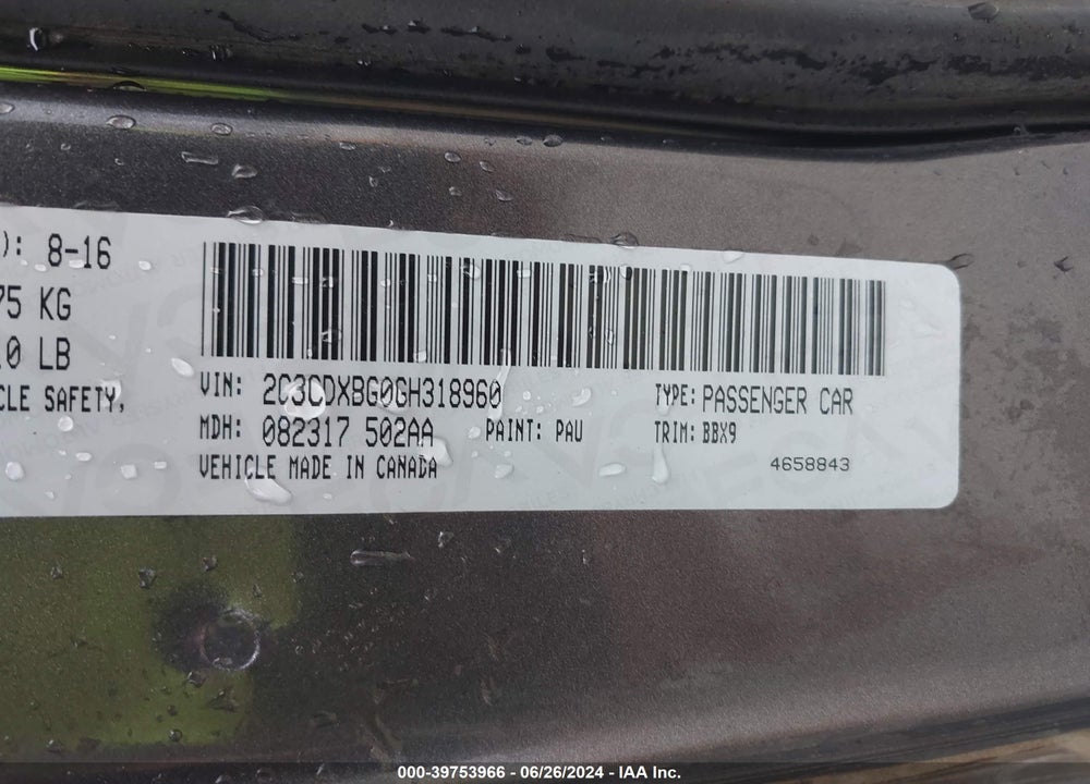 2016 DODGE CHARGER SE VIN: 2C3CDXBG0GH318960
