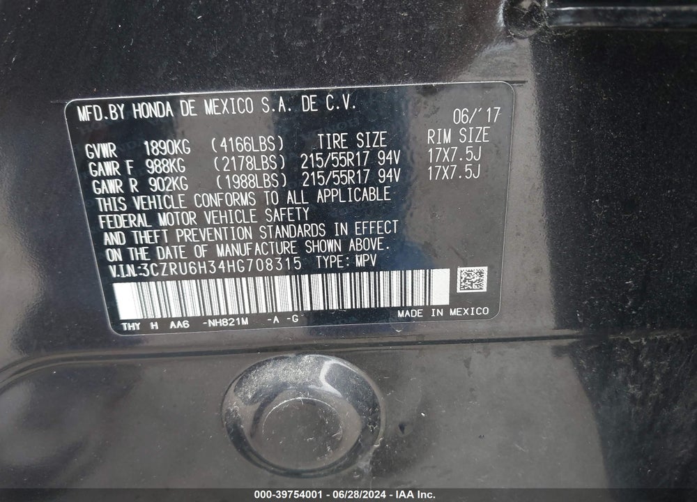 2017 HONDA HR-V LX VIN: 3CZRU6H34HG708315