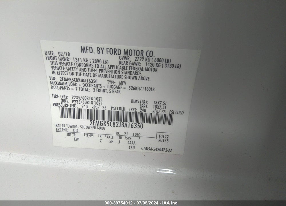 2018 FORD FLEX SEL VIN: 2FMGK5C82JBA16350