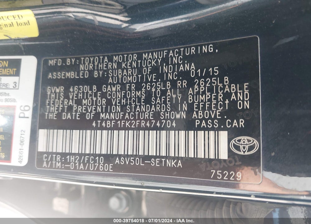 2015 TOYOTA CAMRY LE VIN: 4T4BF1FK2FR474704