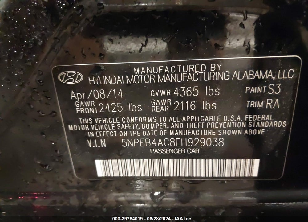 2014 HYUNDAI SONATA GLS VIN: 5NPEB4AC8EH929038