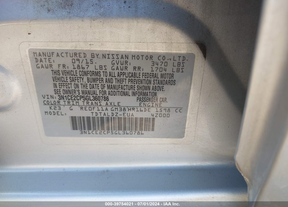 2016 NISSAN VERSA NOTE S (SR)/S PLUS/SL/SR/SV VIN: 3N1CE2CP5GL360786