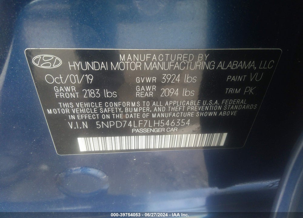 2020 HYUNDAI ELANTRA SE VIN: 5NPD74LF7LH546354