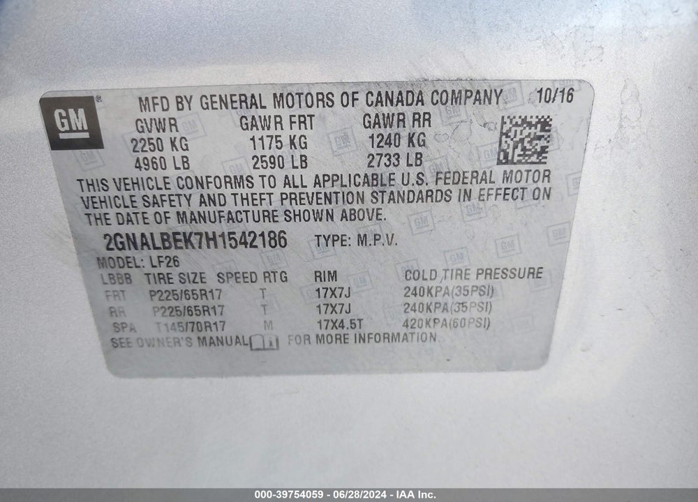 2017 CHEVROLET EQUINOX LS VIN: 2GNALBEK7H1542186
