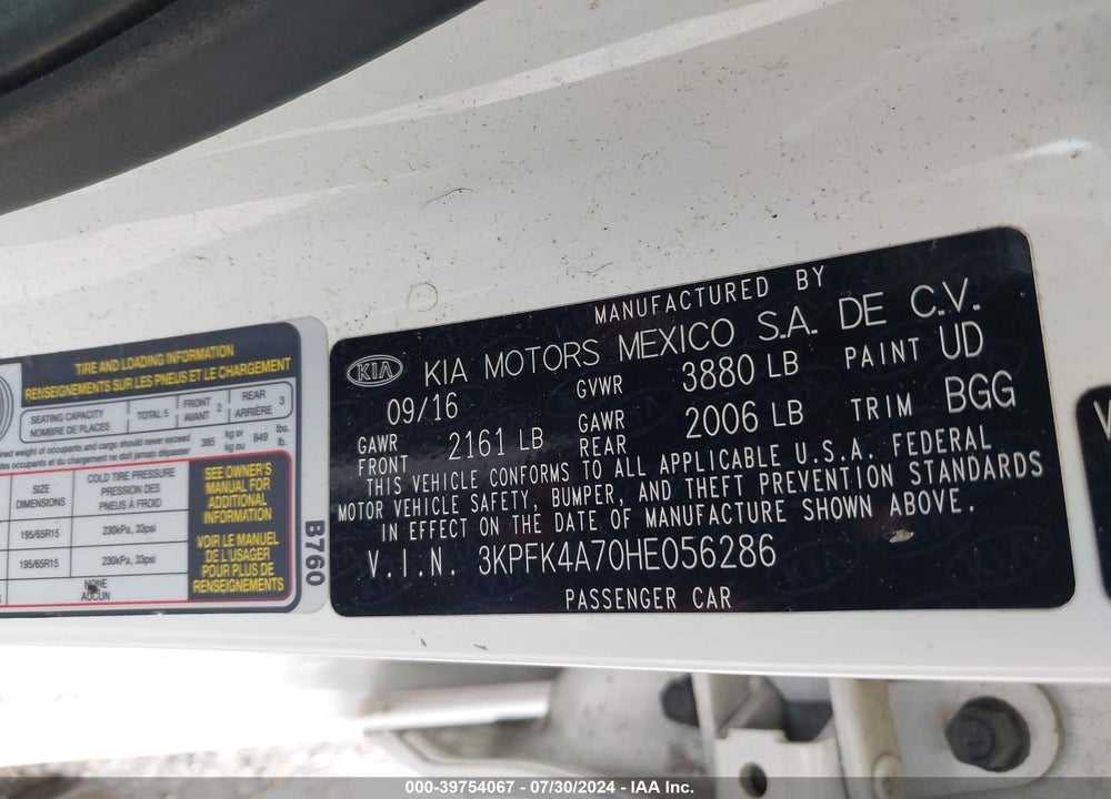 2017 KIA FORTE LX VIN: 3KPFK4A70HE056286