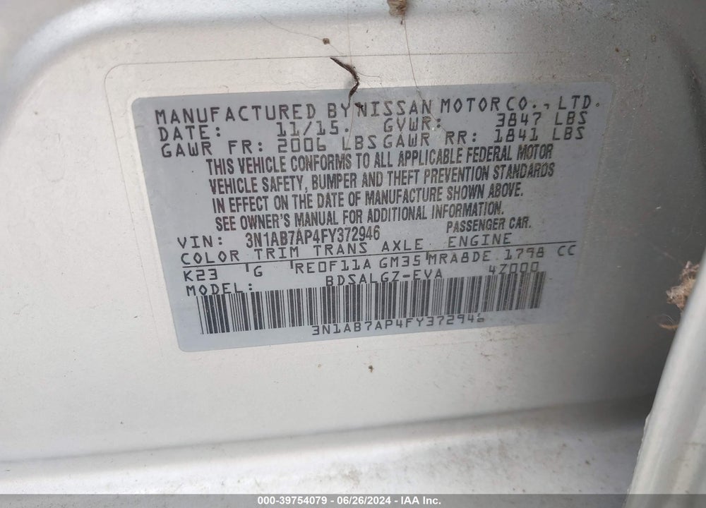 2015 NISSAN SENTRA SL VIN: 3N1AB7AP4FY372946