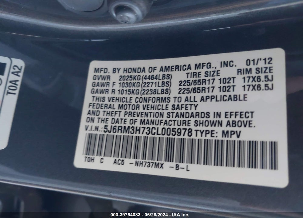 2012 HONDA CR-V EX-L VIN: 5J6RM3H73CL005978