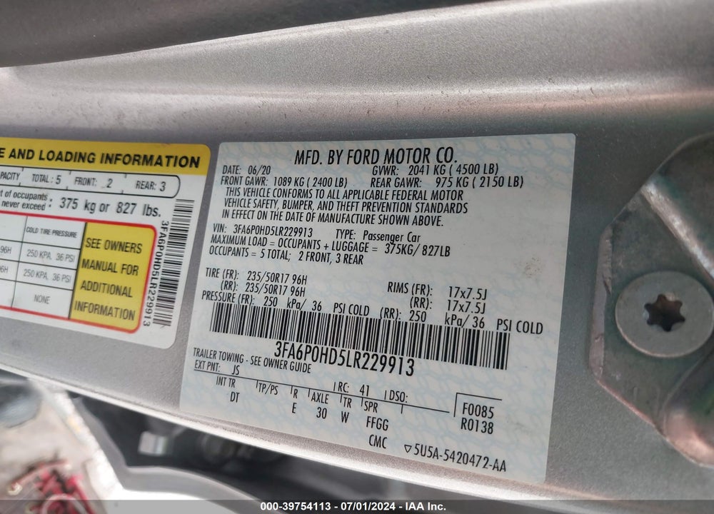 2020 FORD FUSION SE VIN: 3FA6P0HD5LR229913