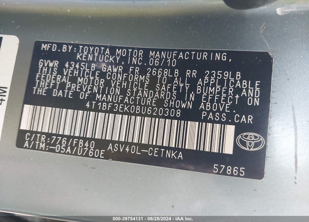 2011 TOYOTA CAMRY LE VIN: 4T1BF3EK0BU620308
