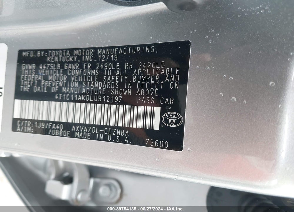 2020 TOYOTA CAMRY LE VIN: 4T1C11AK0LU912197