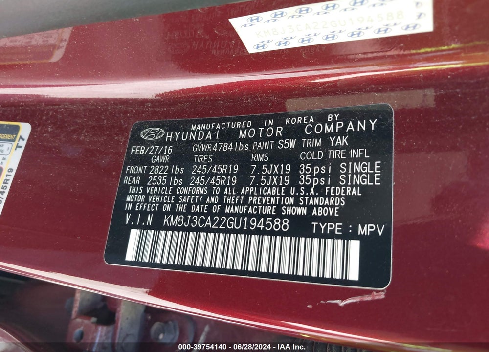 2016 HYUNDAI TUCSON SPORT VIN: KM8J3CA22GU194588