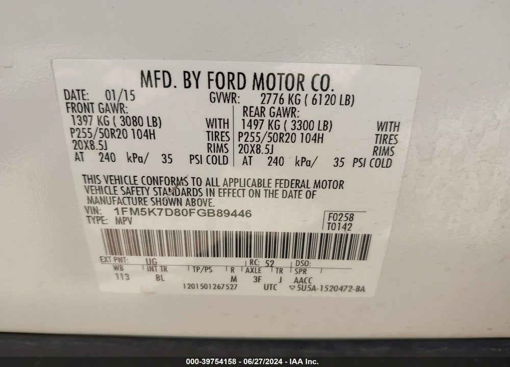 2015 FORD EXPLORER XLT VIN: 1FM5K7D80FGB89446