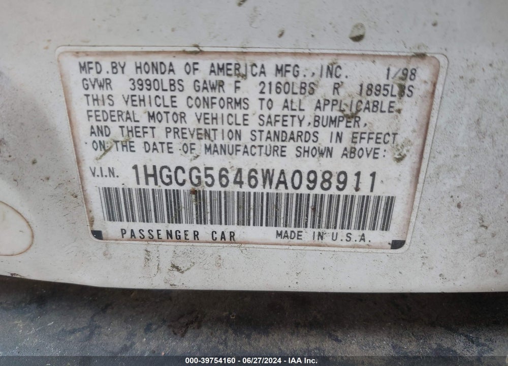 1998 HONDA ACCORD LX VIN: 1HGCG5646WA098911