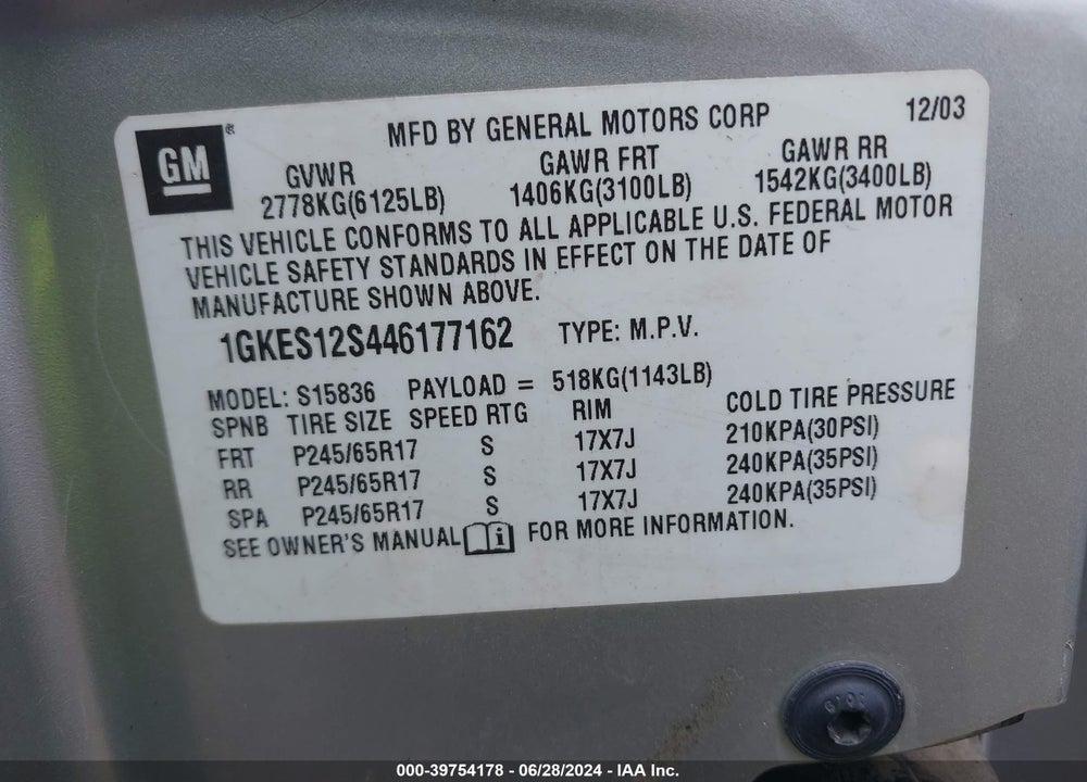 2004 GMC ENVOY XUV VIN: 1GKES12S446177162