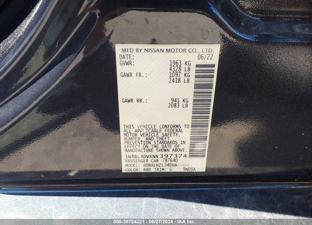 2022 NISSAN ALTIMA SV FWD VIN: 1N4BL4DVXNN397374