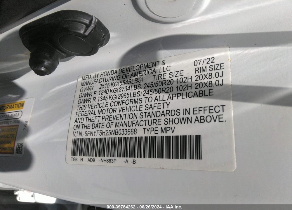 2022 HONDA PILOT VIN: 5FNYF5H25NB033668