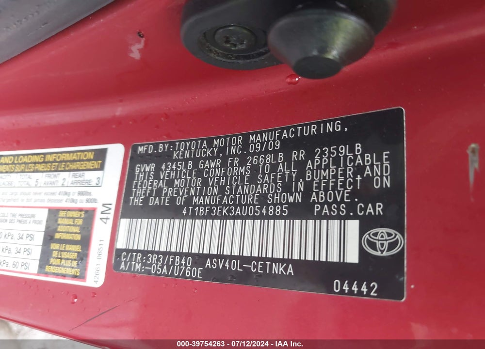 2010 TOYOTA CAMRY LE VIN: 4T1BF3EK3AU054885